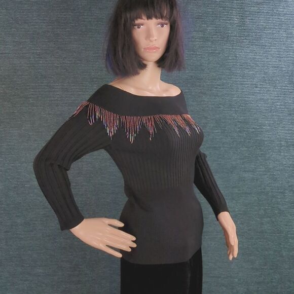 Vintage Bead Fringed Off Shoulder Sweater, SO BEAUTIFUL! - Picture 9 of 11